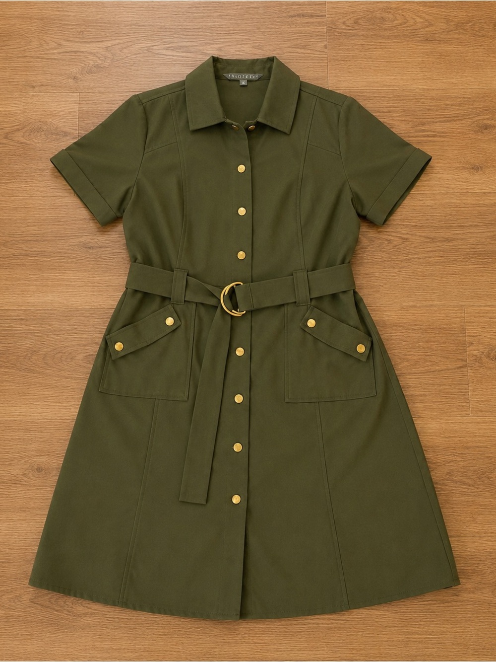 SHARAGANO Modern Olive Military-Inspired Shirt Dress - SIZE 8